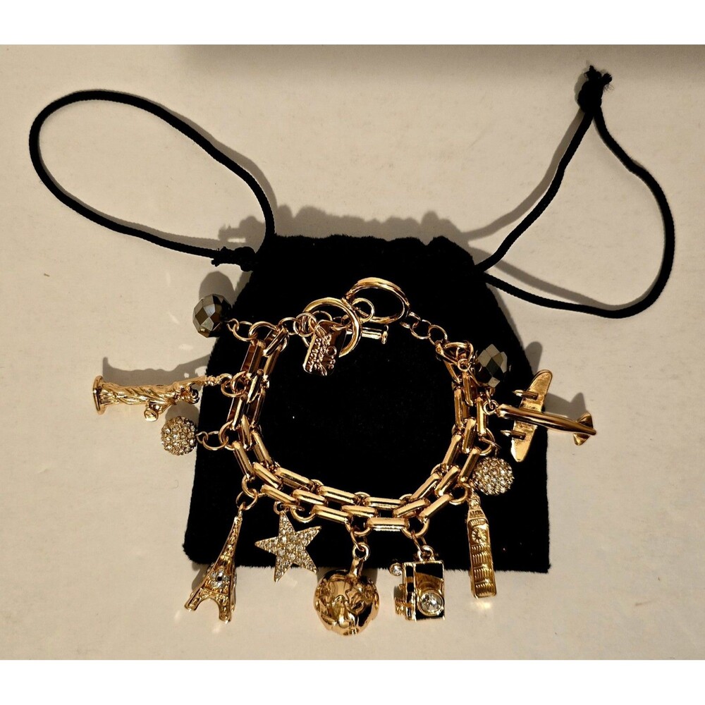 Unique Travel Charm Bracelet Artist Signed Gold Tone Stones 8" long NEW in Bag